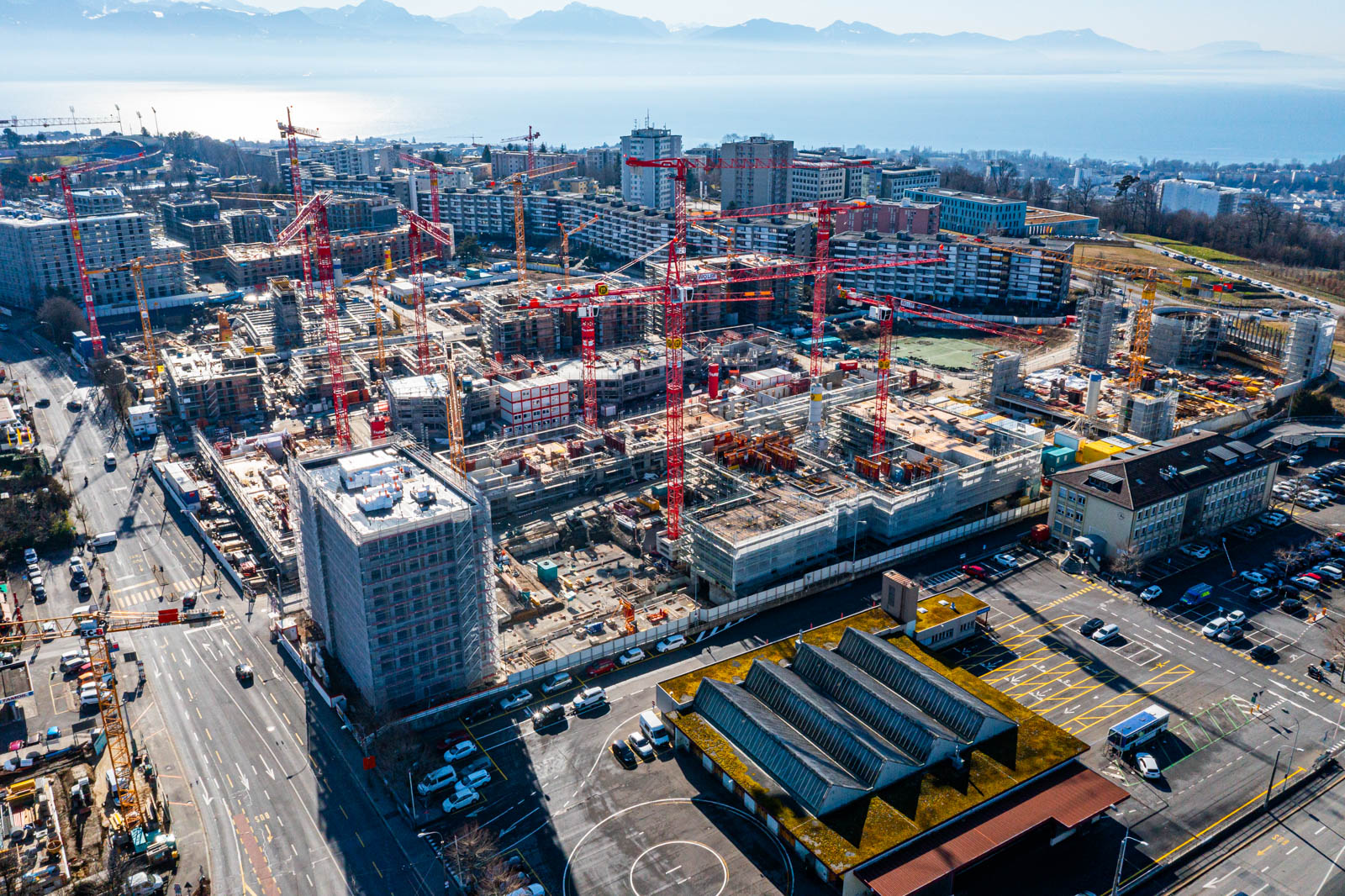 Vue aérienne chantier Lausanne lac Léman